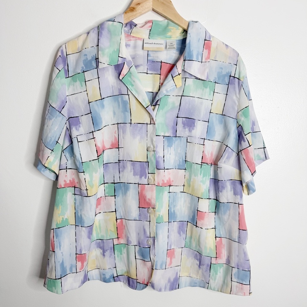 Alfred Dunner Vintage 90s Pastel Abstract Patchwork Button Up Blouse 18W Retro